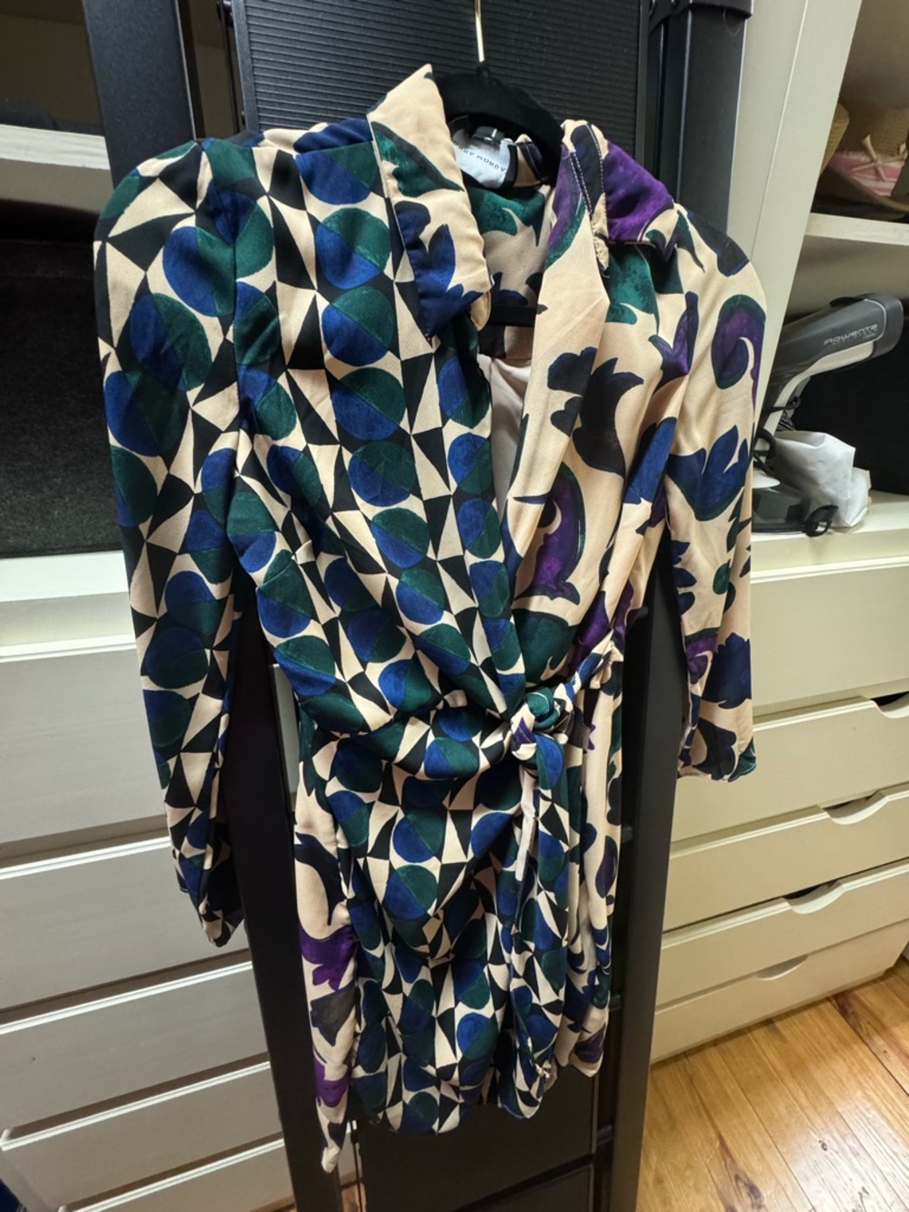 Donna Morgan Cream Wrap Dress with Blue, Green & Purple Print